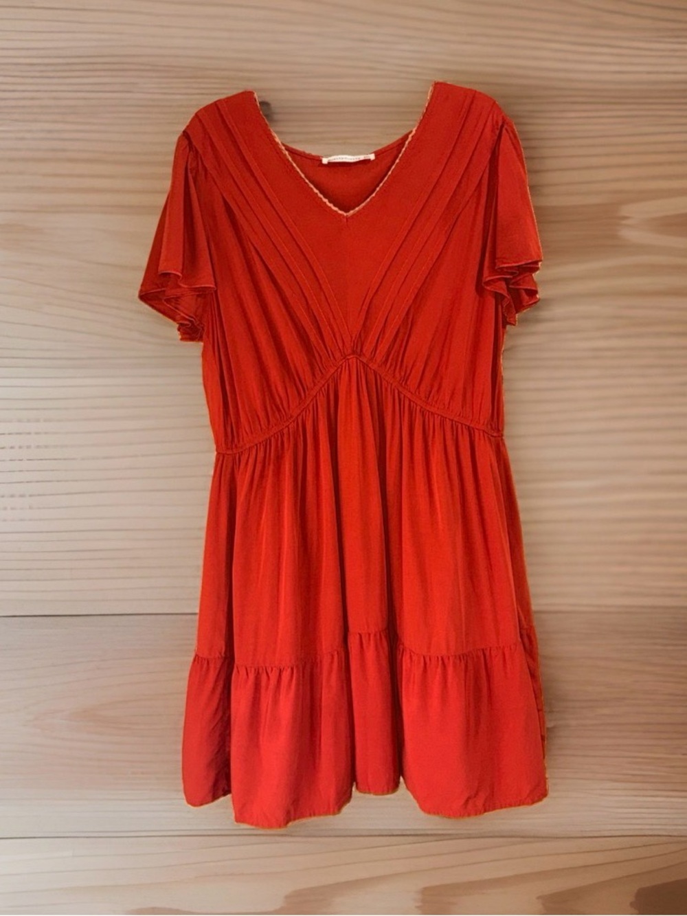 Rusttydustty V-Neck Tiered Mini Dress in Vibrant Rust Red-2XL-EC